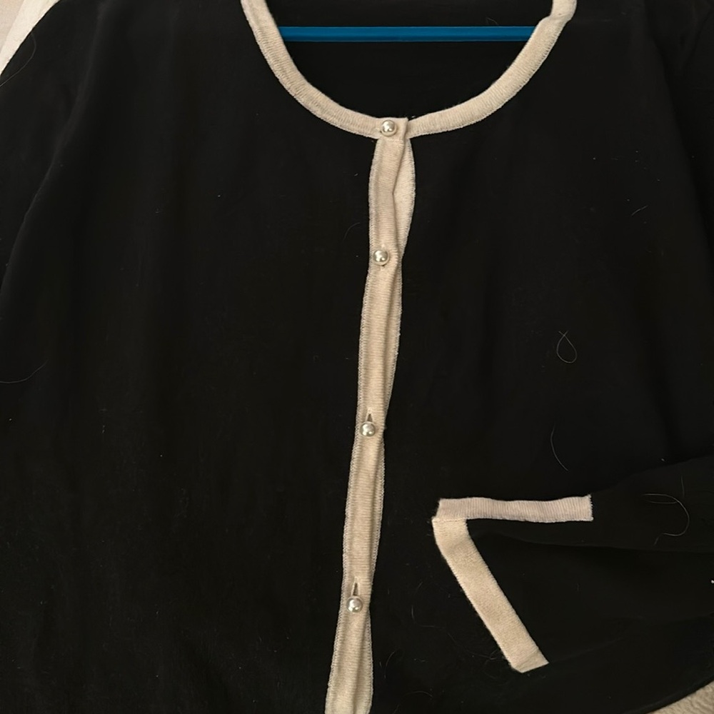 Lusso 2X black white tipped cashmere pearl button down business classy cardigan